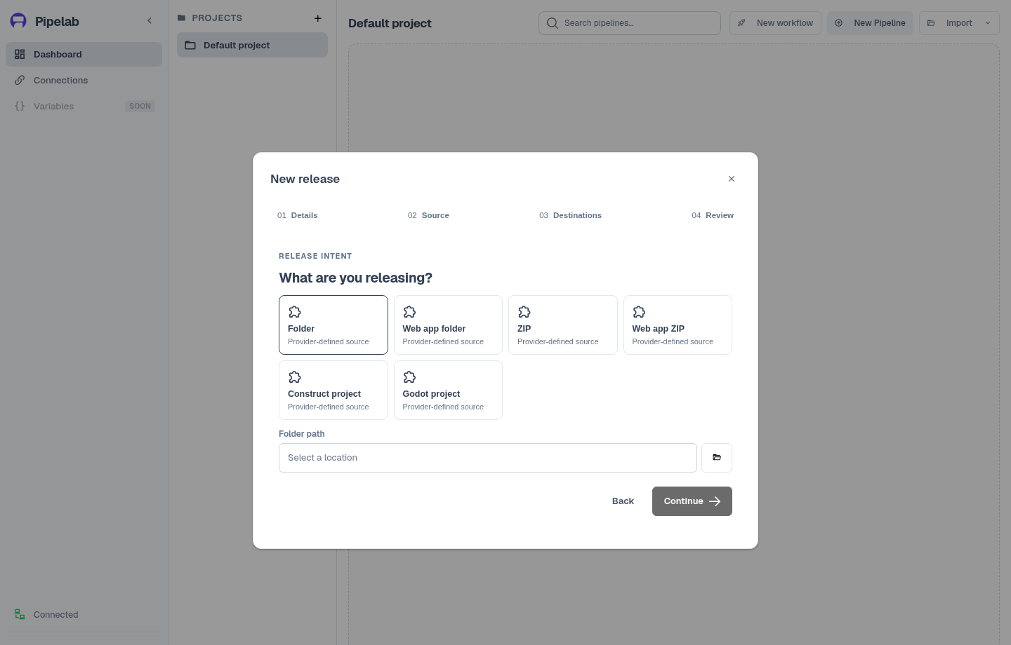 Release setup source step showing Folder, ZIP, Construct project, and Godot project options